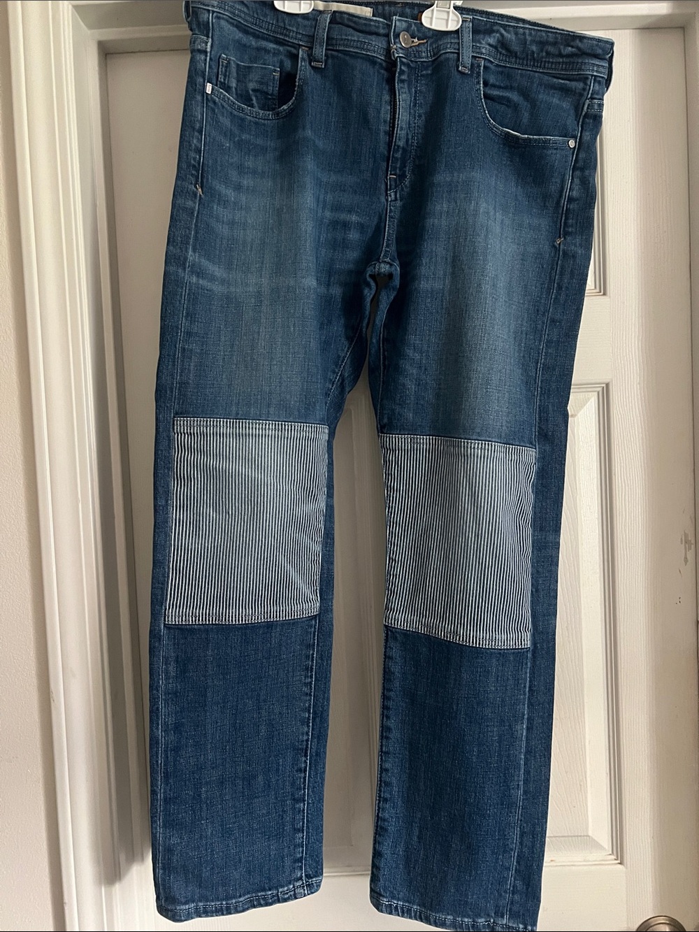 Pilcro and the Letterpress Straight Leg Blue Jeans with Striped Patch